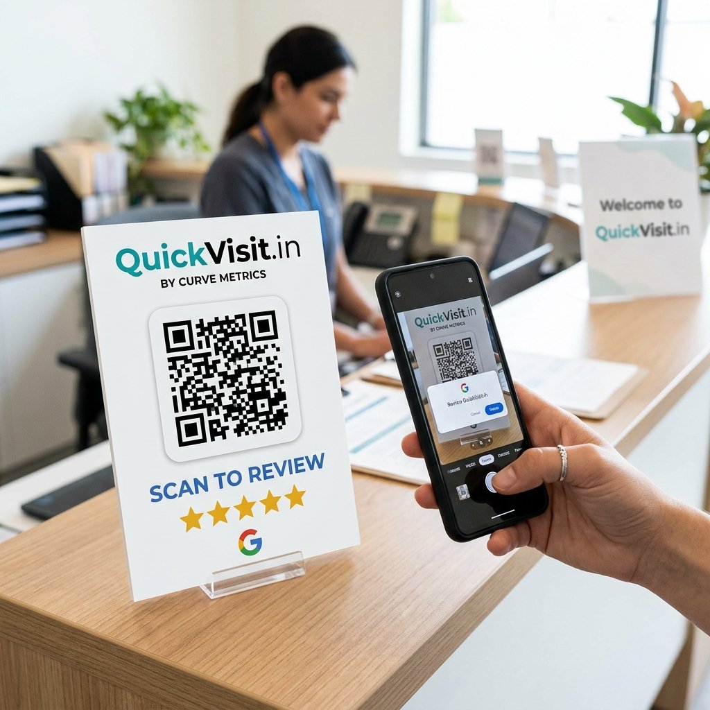 Customer scanning QuickVisit QR Stand with smartphone camera